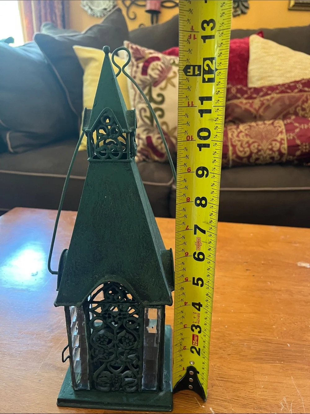 Green Decorative Metal and Glass Cathedral style tea light Lantern